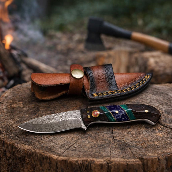 Hand-Forged Damascus Steel Drop Point Outdoor Utility Tool | Dark Wood, Green Resin & Purple Honeycomb Handle TK-509