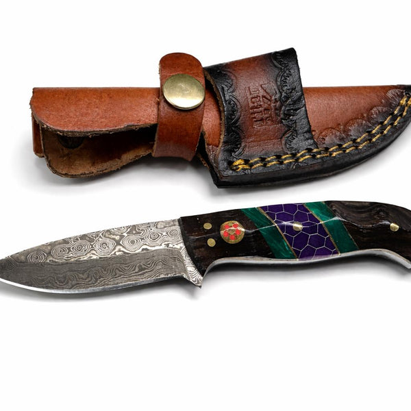 Hand-Forged Damascus Steel Drop Point Outdoor Utility Tool | Dark Wood, Green Resin & Purple Honeycomb Handle TK-509