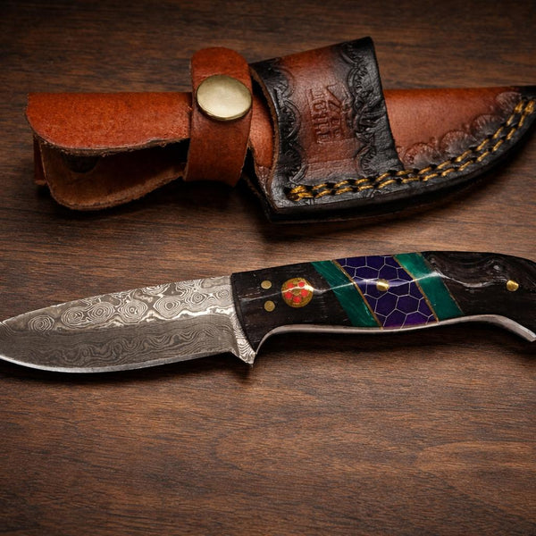 Hand-Forged Damascus Steel Drop Point Outdoor Utility Tool | Dark Wood, Green Resin & Purple Honeycomb Handle TK-509