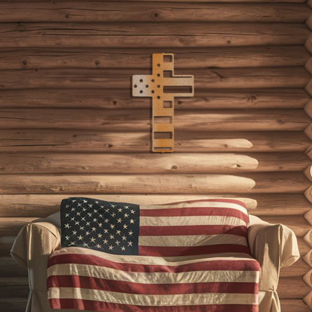 American Flag Steel Cross – Faith, Freedom, and Frontier Living