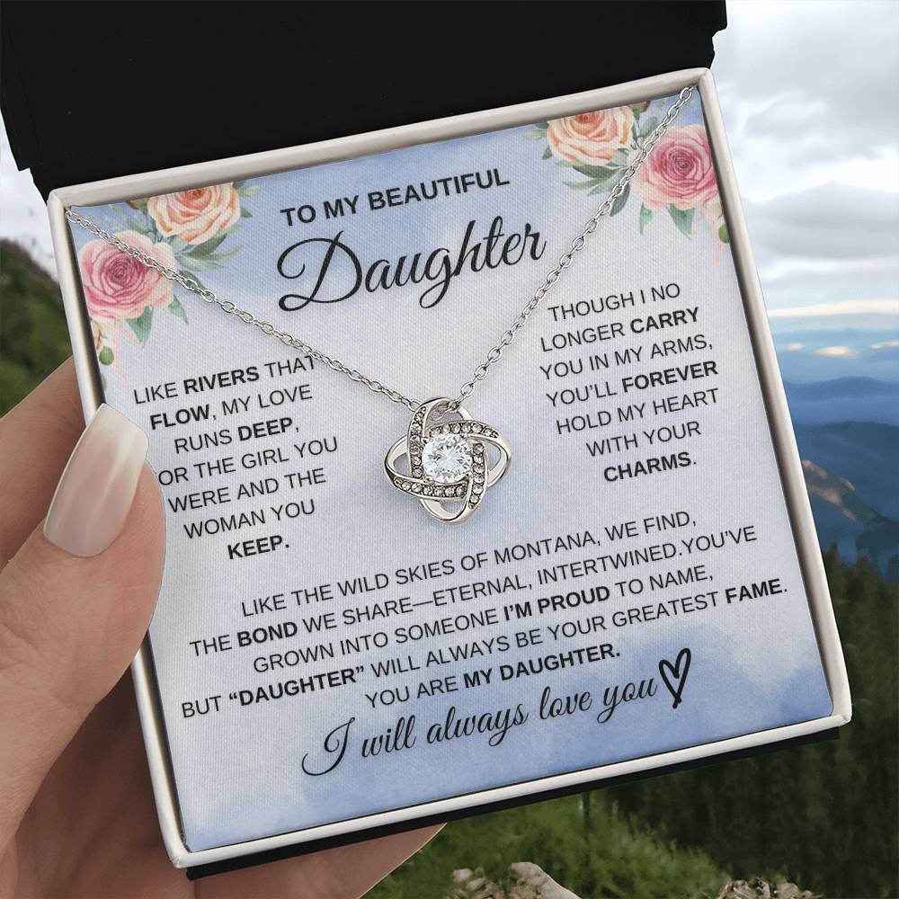 To My Beautiful Daughter – “Unbreakable Bond” Love Knot Necklace Gift Box Set