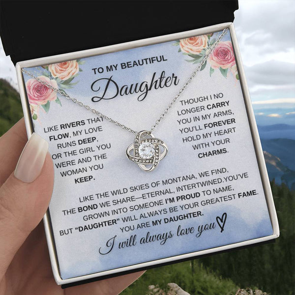 To My Beautiful Daughter – “Unbreakable Bond” Love Knot Necklace Gift Box Set