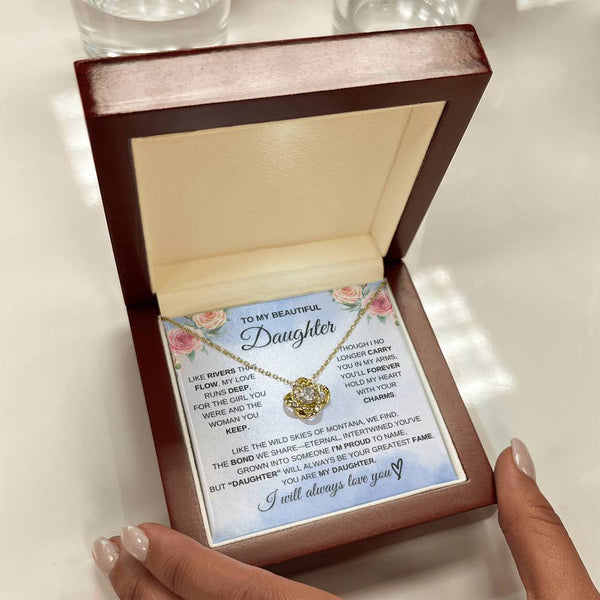 To My Beautiful Daughter – “Unbreakable Bond” Love Knot Necklace Gift Box Set